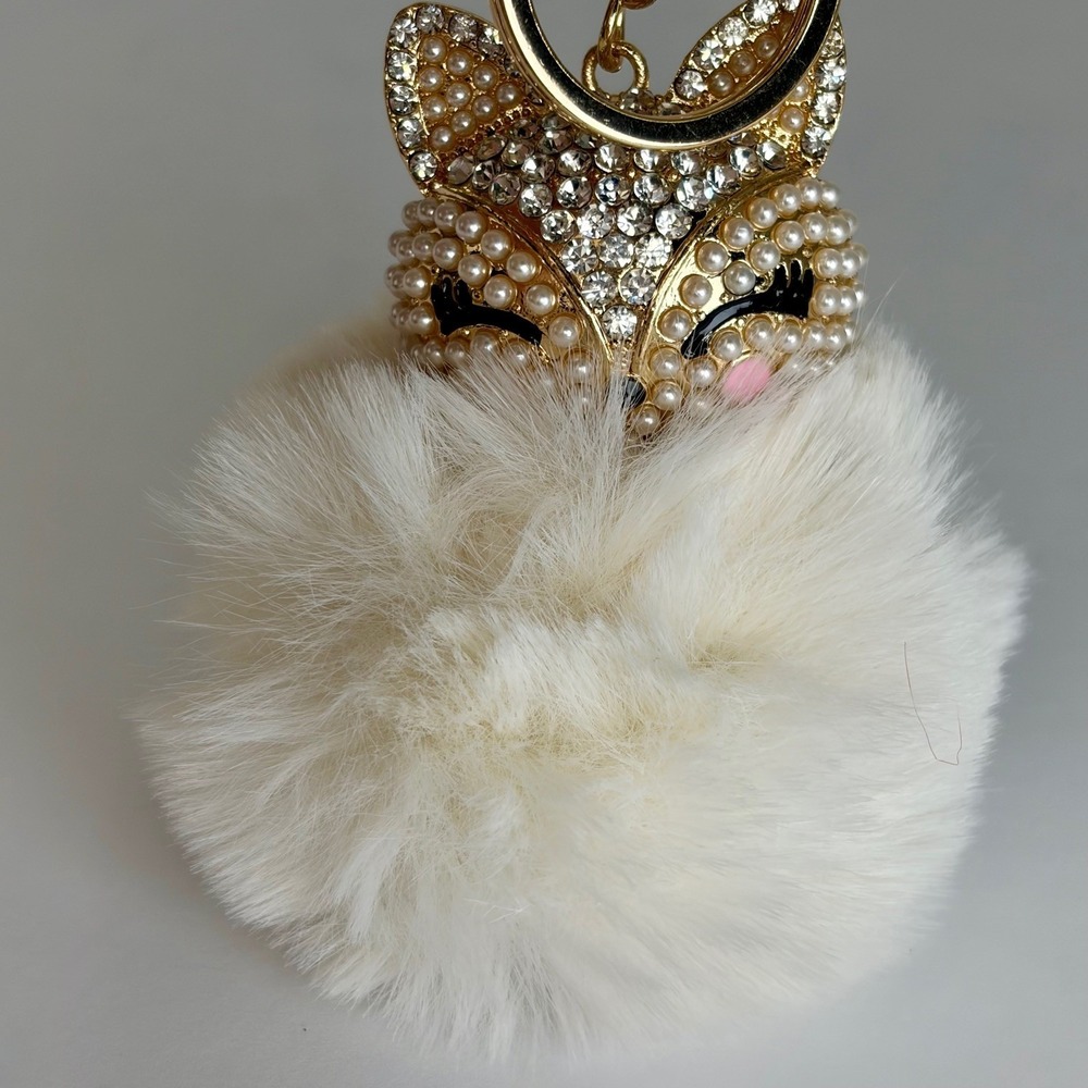 Sparkly Fox Keychain Pearl Rhinestone Faux‎ Fur Pom Pom Bag Charm Coquette Boho - Picture 6 of 6